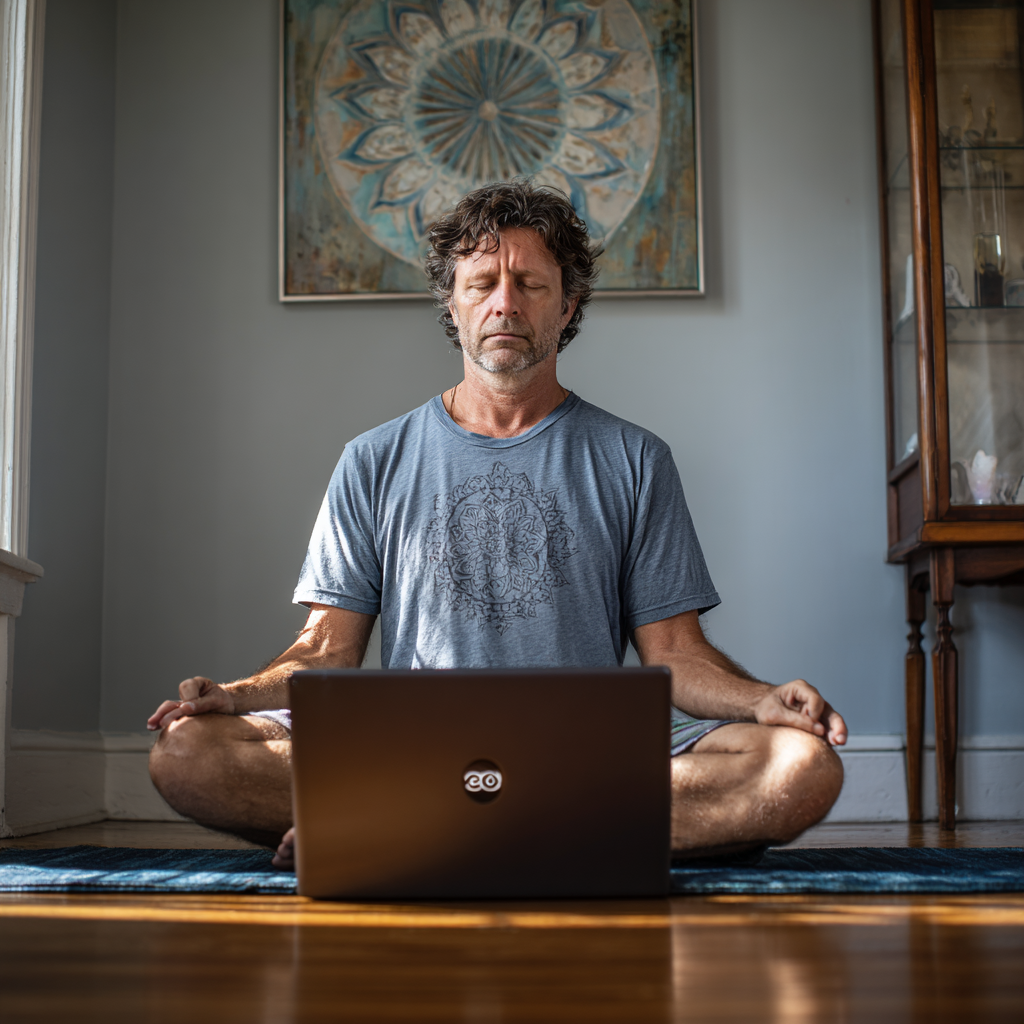 Чоловік 52 років займається йогою вдома перед ноутбуком, використовуючи онлайн-платформу для занять