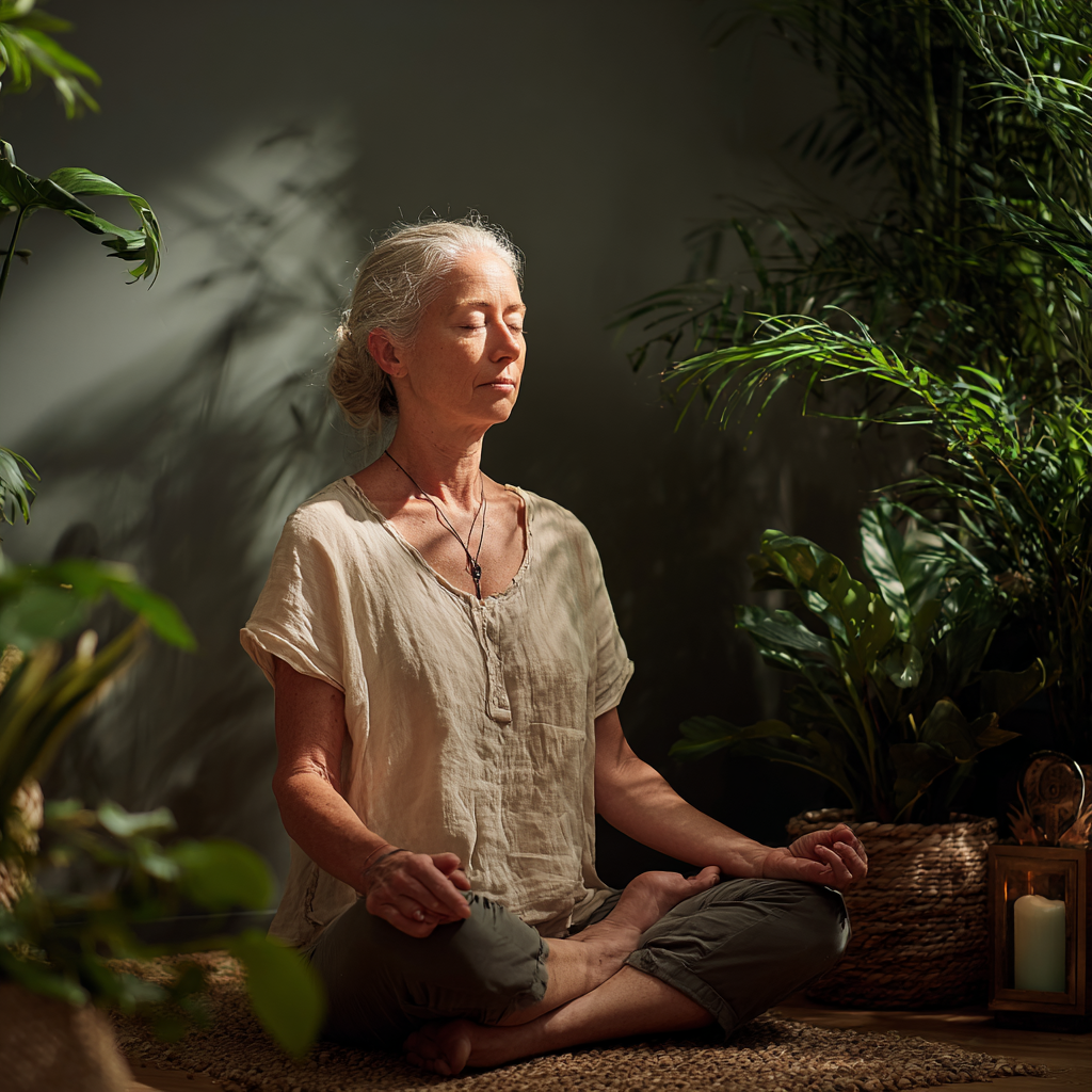 Жінка 56 років сидить в медитативній позі, виконуючи дихальні вправи пранаями в тихій кімнаті з рослинами
